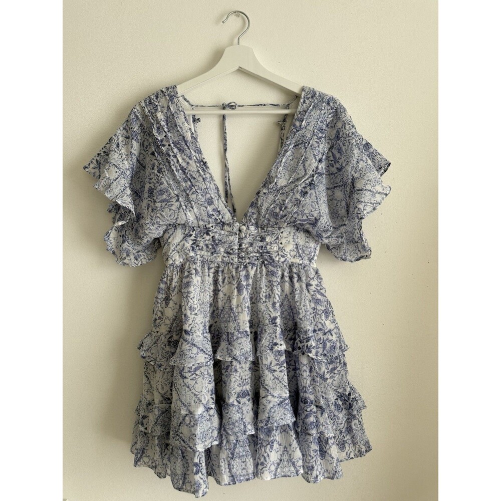Olivaceous Blue White Toile Floral Ruffle Tiered Mini Dress Size S